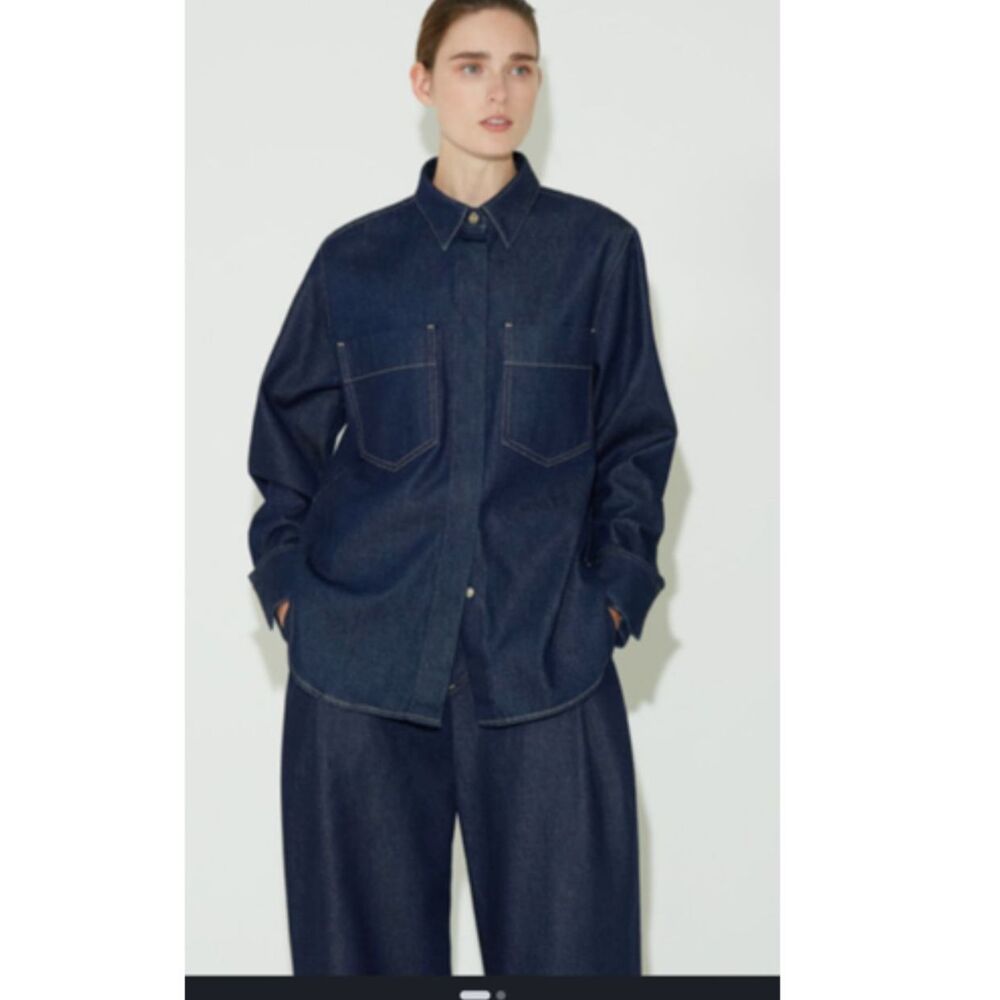 Goldsign Duffy Oversized Denim Shirt Womens S/M Dark Wash Snap Closure Sample